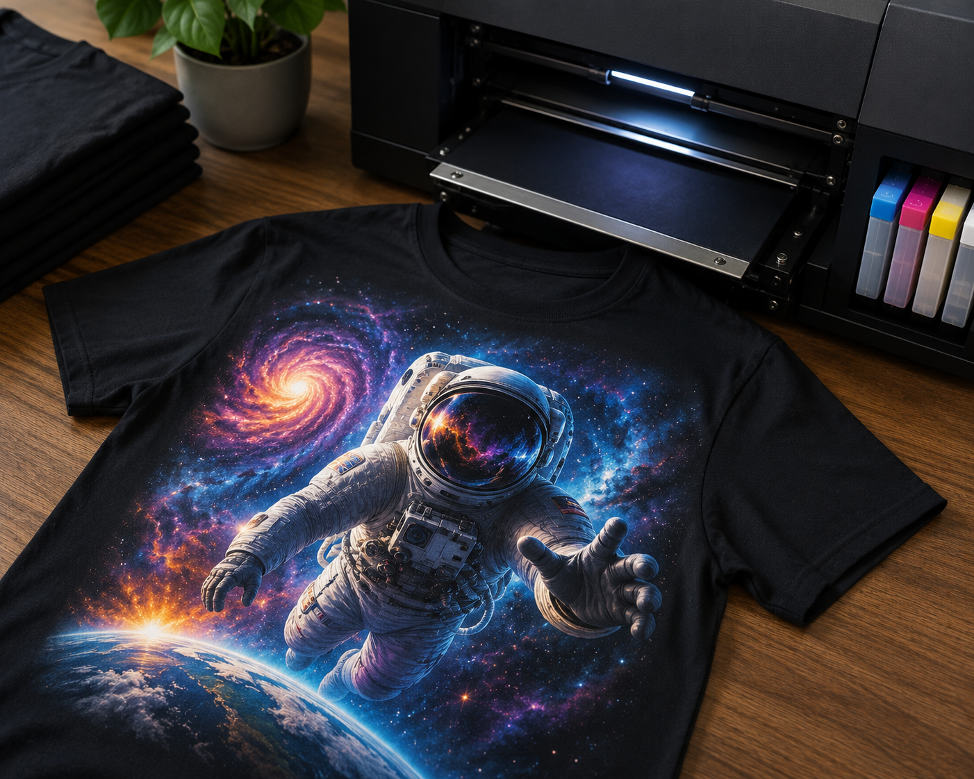Direct to Garment print on a black 100% cotton t-shirt featuring a photo-real astronaut and galaxy artwork beside a DTG printer