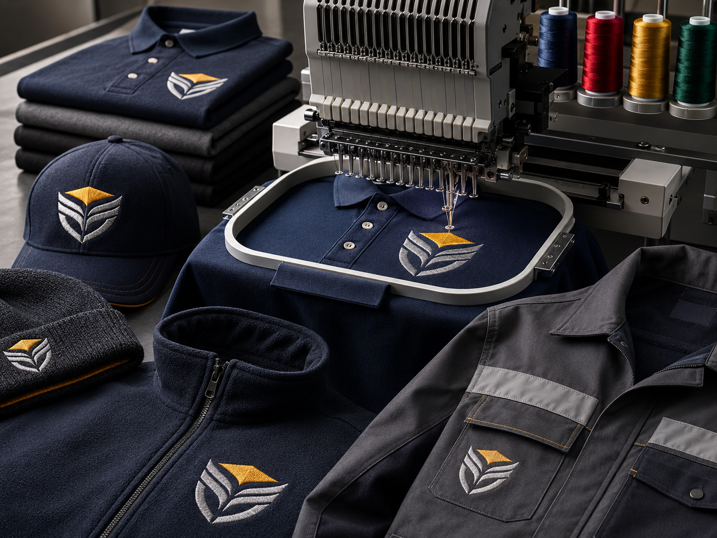Custom embroidered logo across navy polos, caps, beanies, fleeces and workwear jackets being stitched on a multi-needle embroidery machine