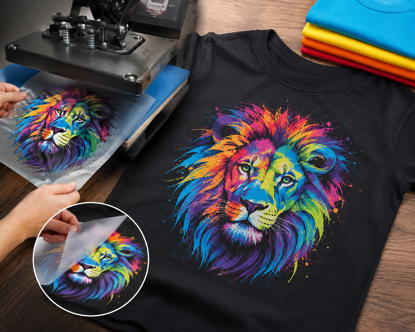 Full colour heat transfer print on a black t-shirt with a vibrant CMYK lion artwork being heat pressed