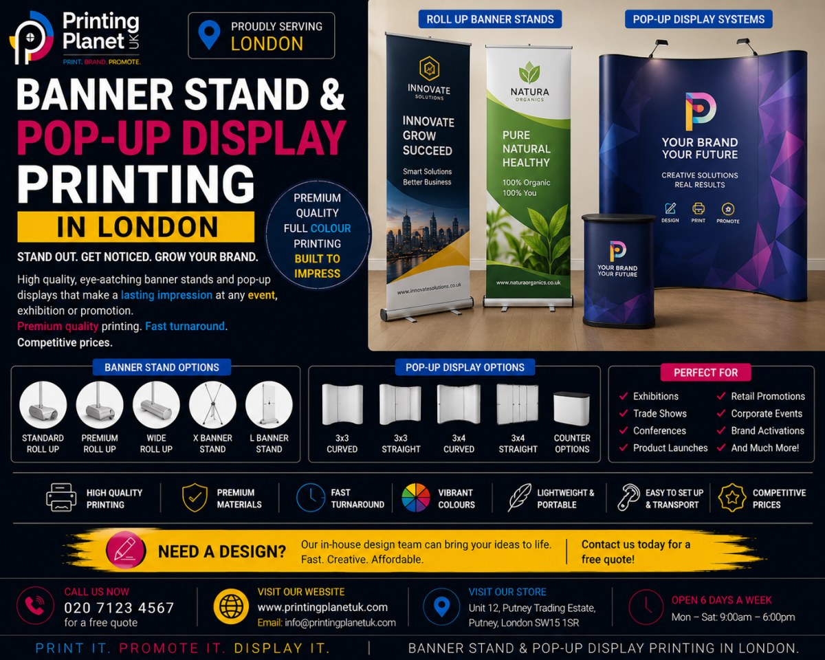 Banner stand and pop-up display printing in London: roll-up banners, X-banner stands, curved and straight pop-up displays for exhibitions and events
