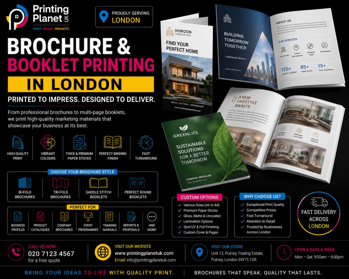 Brochure and booklet printing in London showing folded and bound samples in gloss and matte finishes