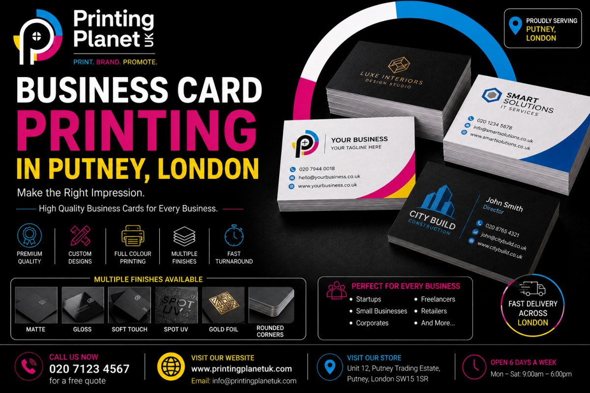 Business card printing in Putney London: matte, gloss, soft-touch, spot UV, gold foil, rounded corners