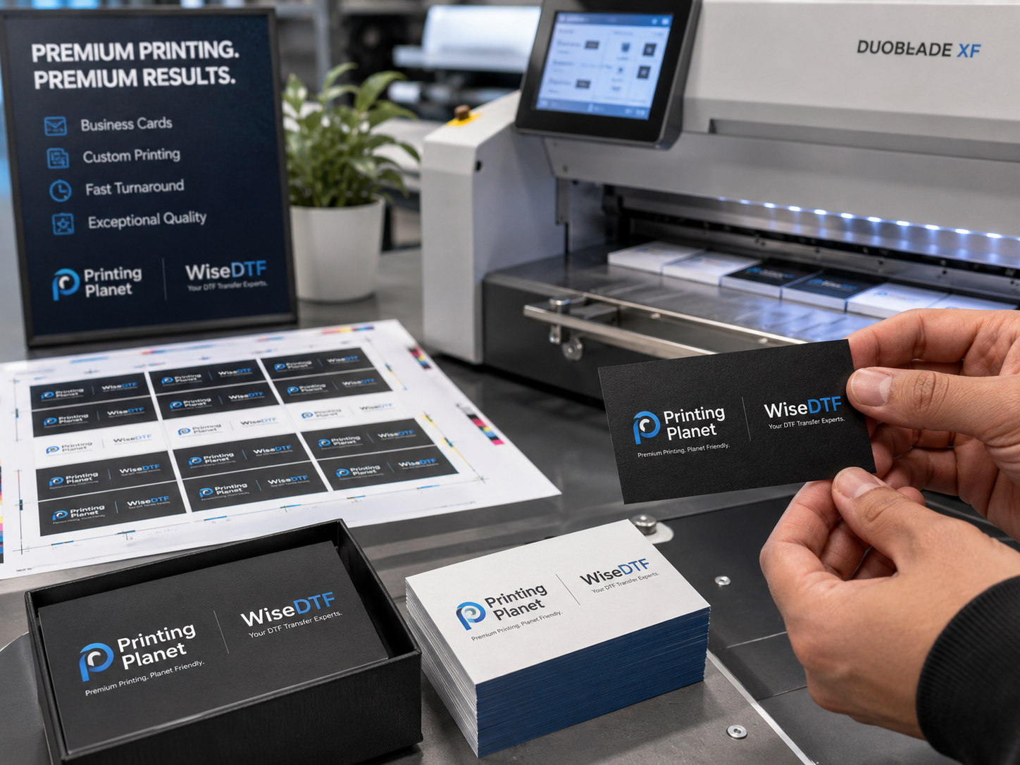 Business card printing machine in our Putney Heath shop with finished cards