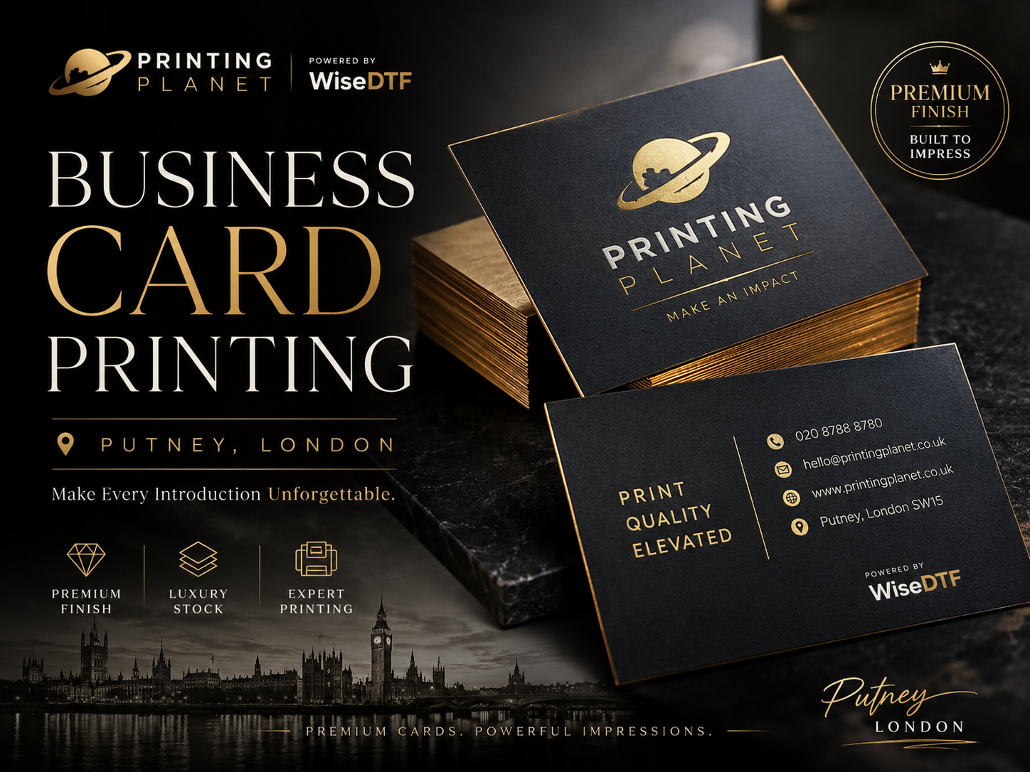 Premium black and gold business card printing in Putney, London, with foil finish