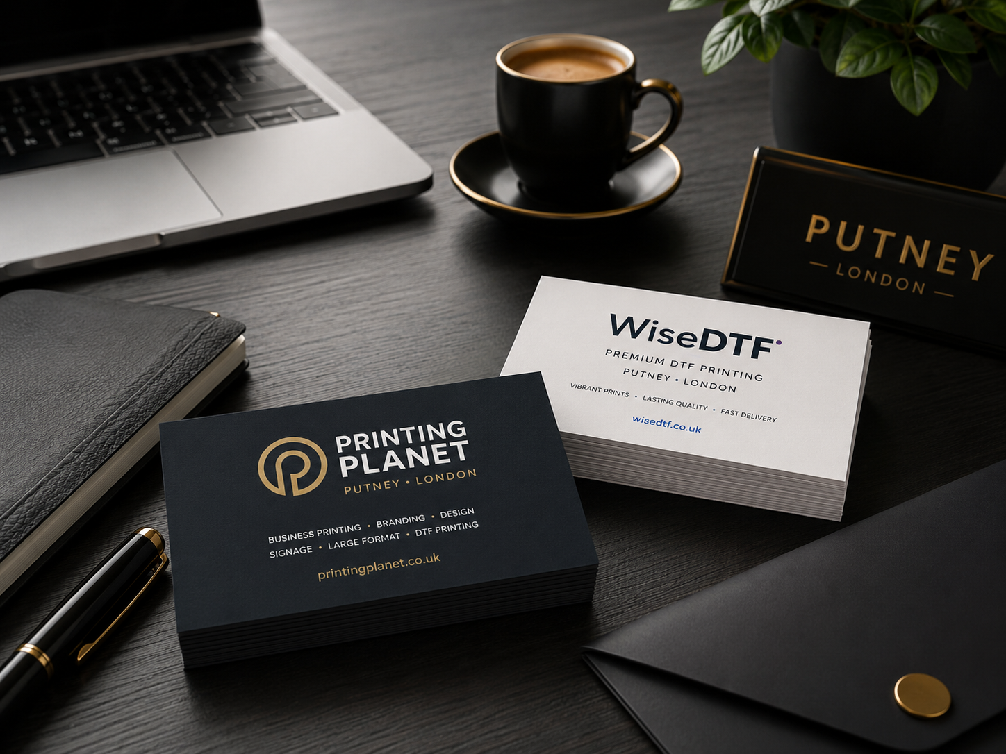 Putney London business cards on a designer desk with laptop, coffee and notebook