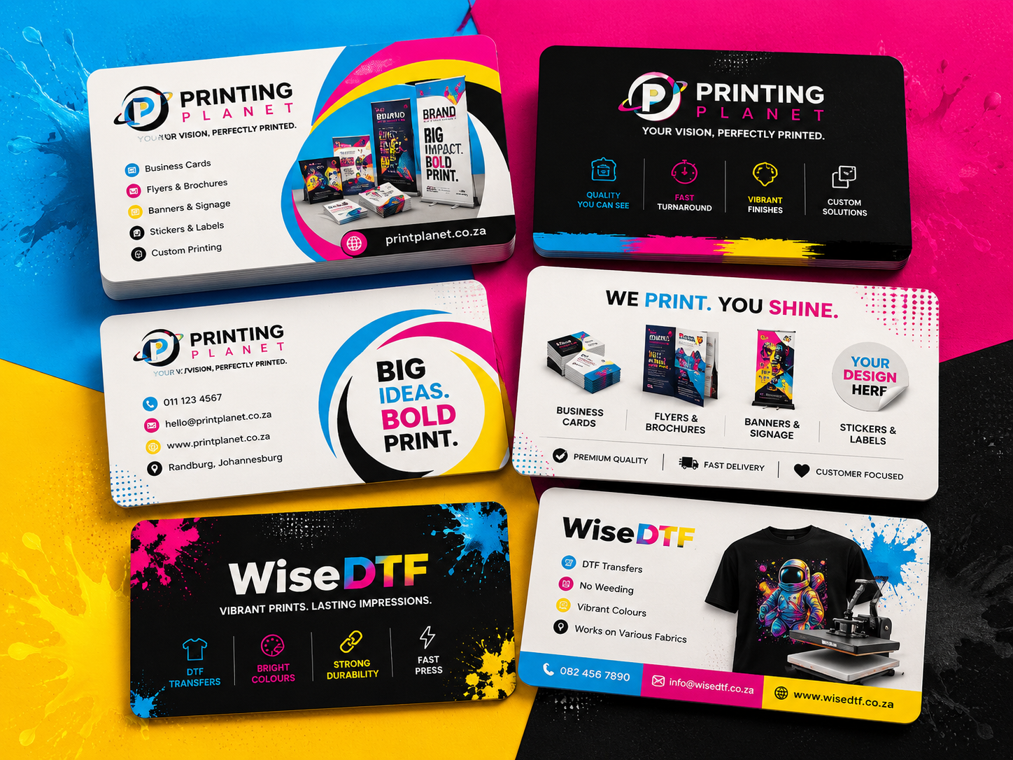 Vibrant colourful business cards in CMYK printing styles with brand variations