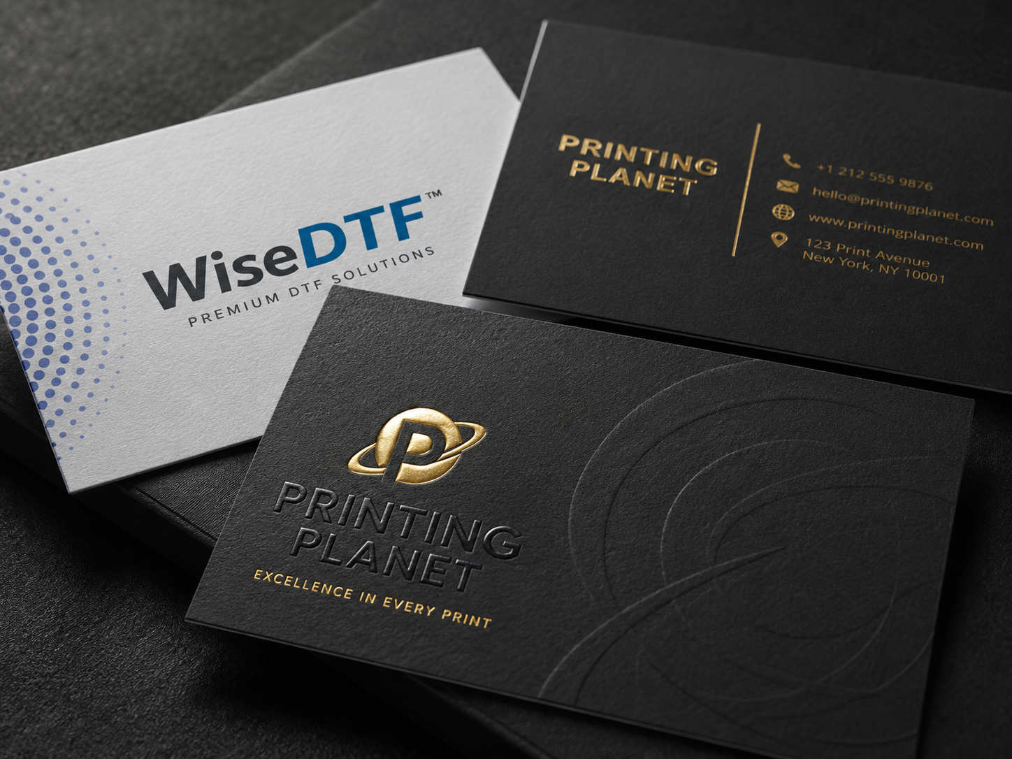 Black business card with gold foil printing logo, premium London finish