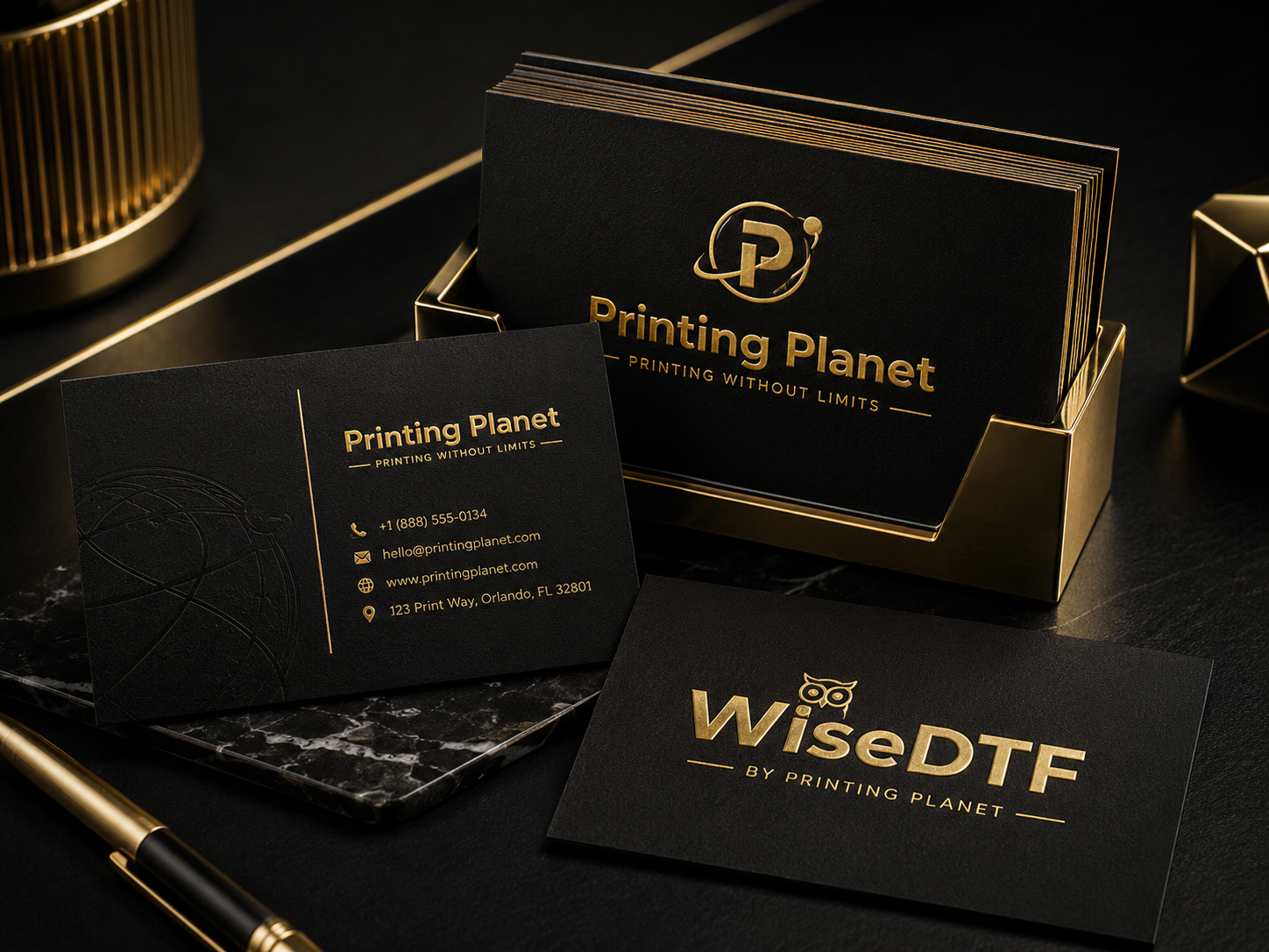 Luxury black and gold foil business cards in elegant holder with pen and gold accents