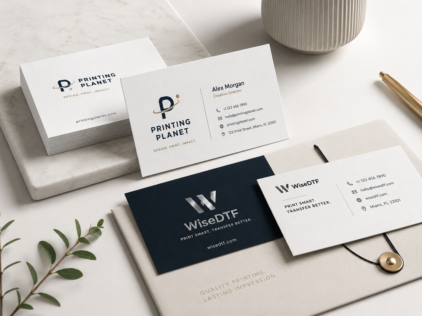 Minimal modern business card design on marble surface with navy and white accents
