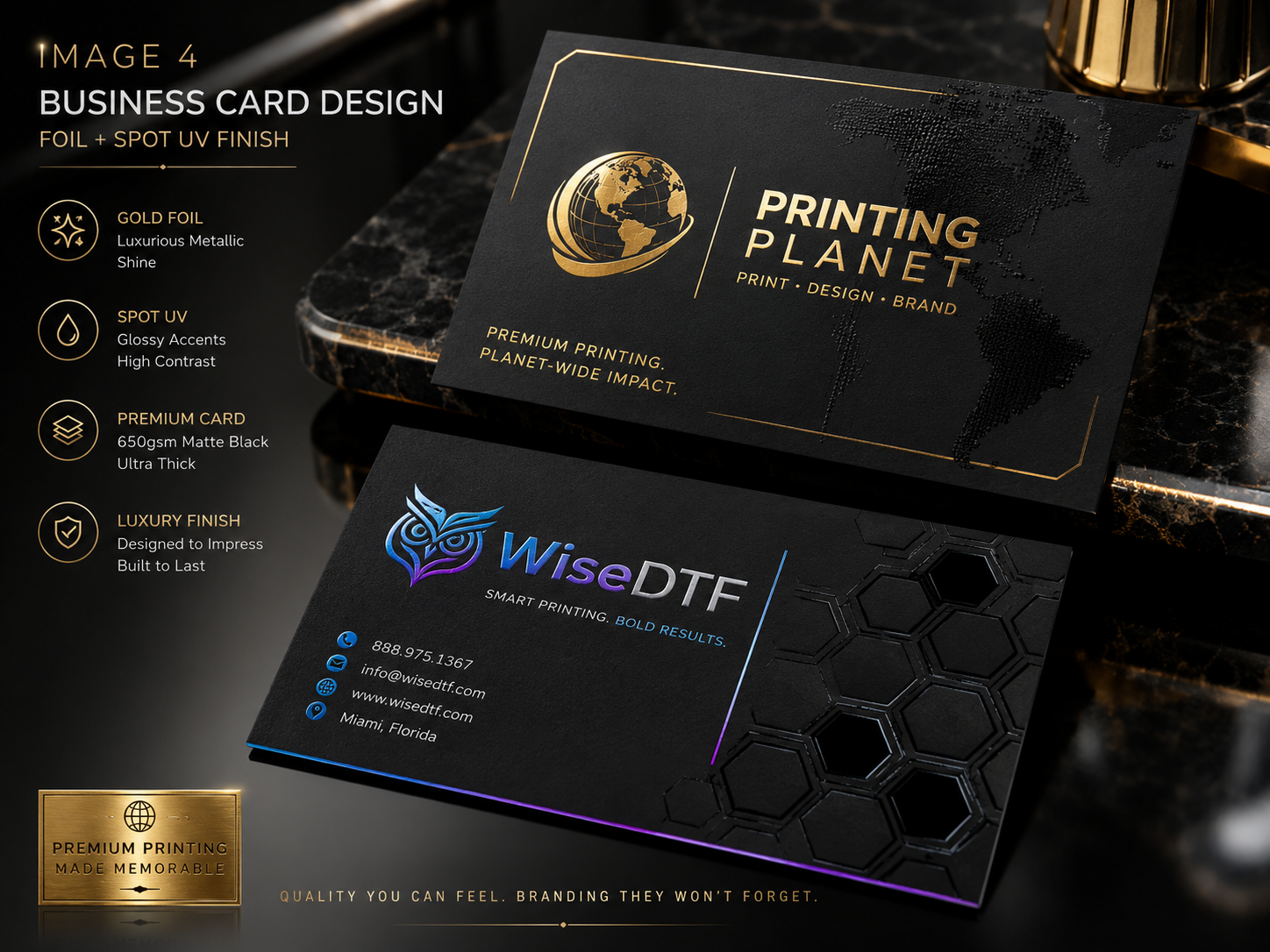 Premium business card design with spot UV gloss accents on matt black 650gsm stock