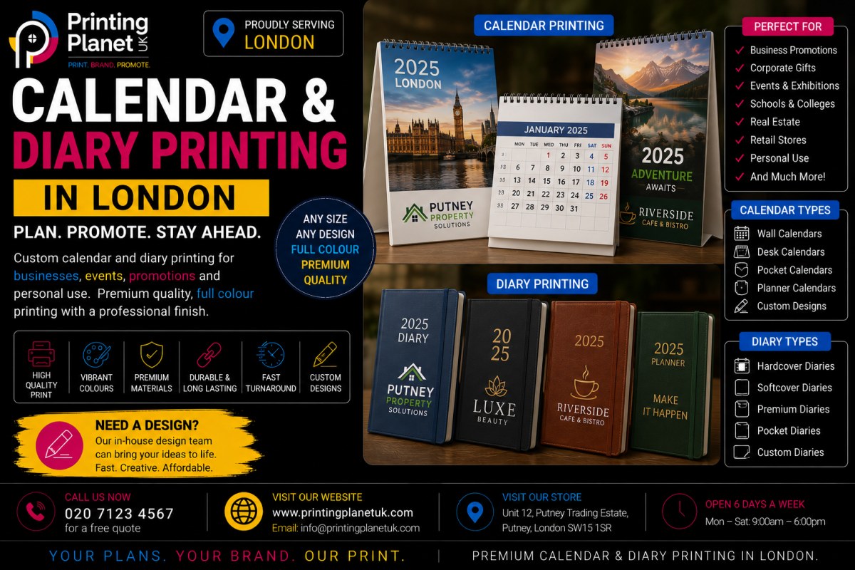 Custom calendar and diary printing in London for businesses and events at Printing Planet UK