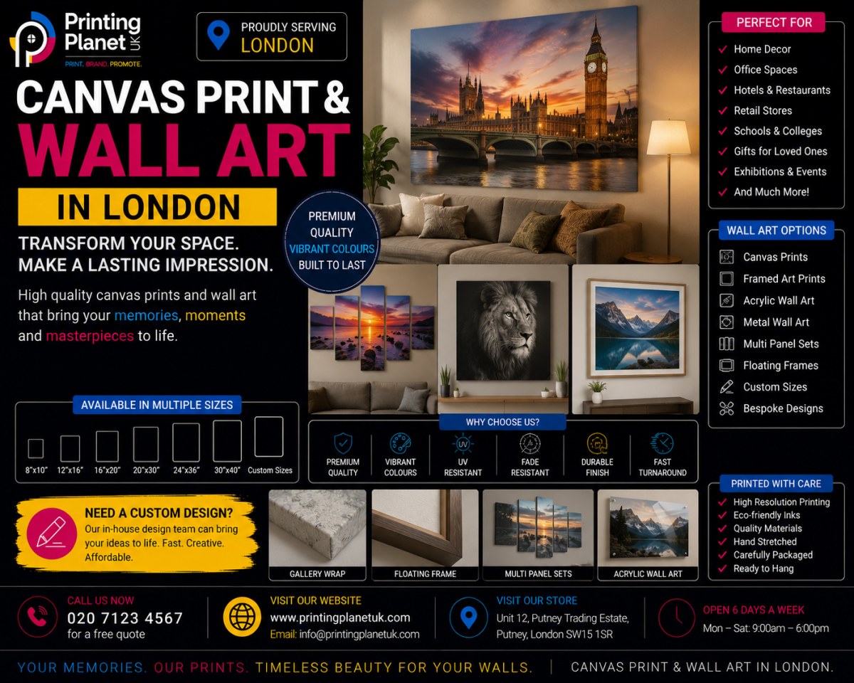 Canvas prints and wall art produced at Printing Planet UK in London for homes and offices