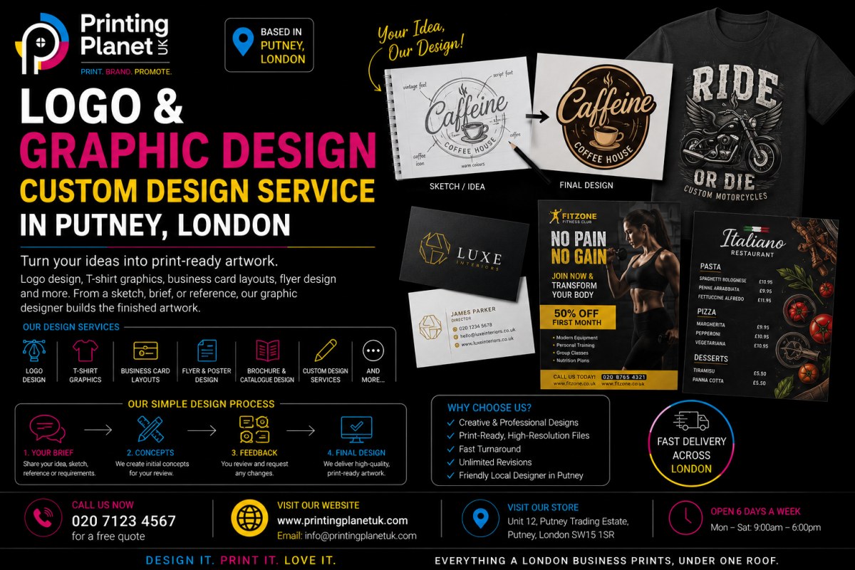 Logo and graphic design service in Putney London: logo design, t-shirt graphics, flyer, brochure, business card layouts