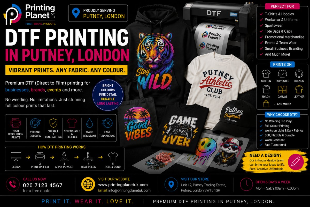 DTF printing in Putney London: direct to film transfers for T-shirts, hoodies, workwear and sportswear on any fabric colour