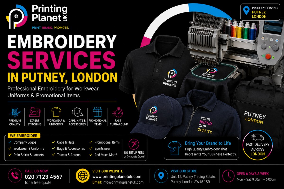 Embroidery machine stitching colorful rainbow logo on black polo shirt
