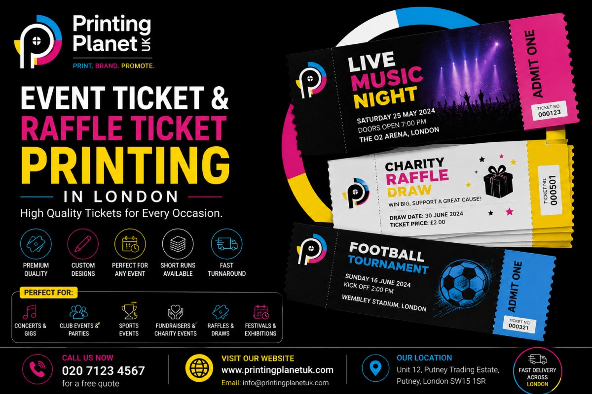 Event ticket and raffle ticket printing in Putney London: numbered, perforated, full colour, from 100 tickets