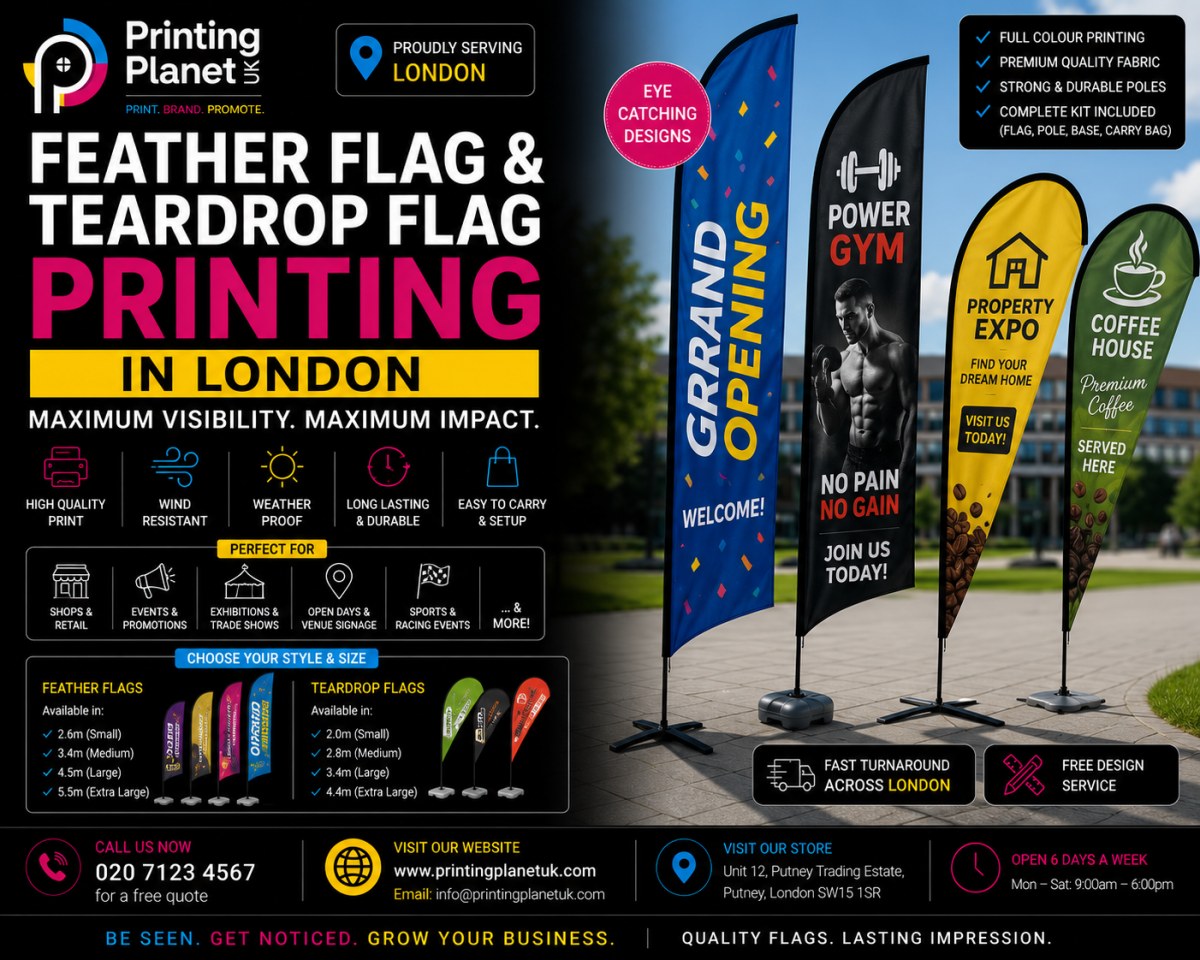 Feather flag and teardrop flag printing in London: full colour, wind resistant, complete kit with pole, base and carry bag