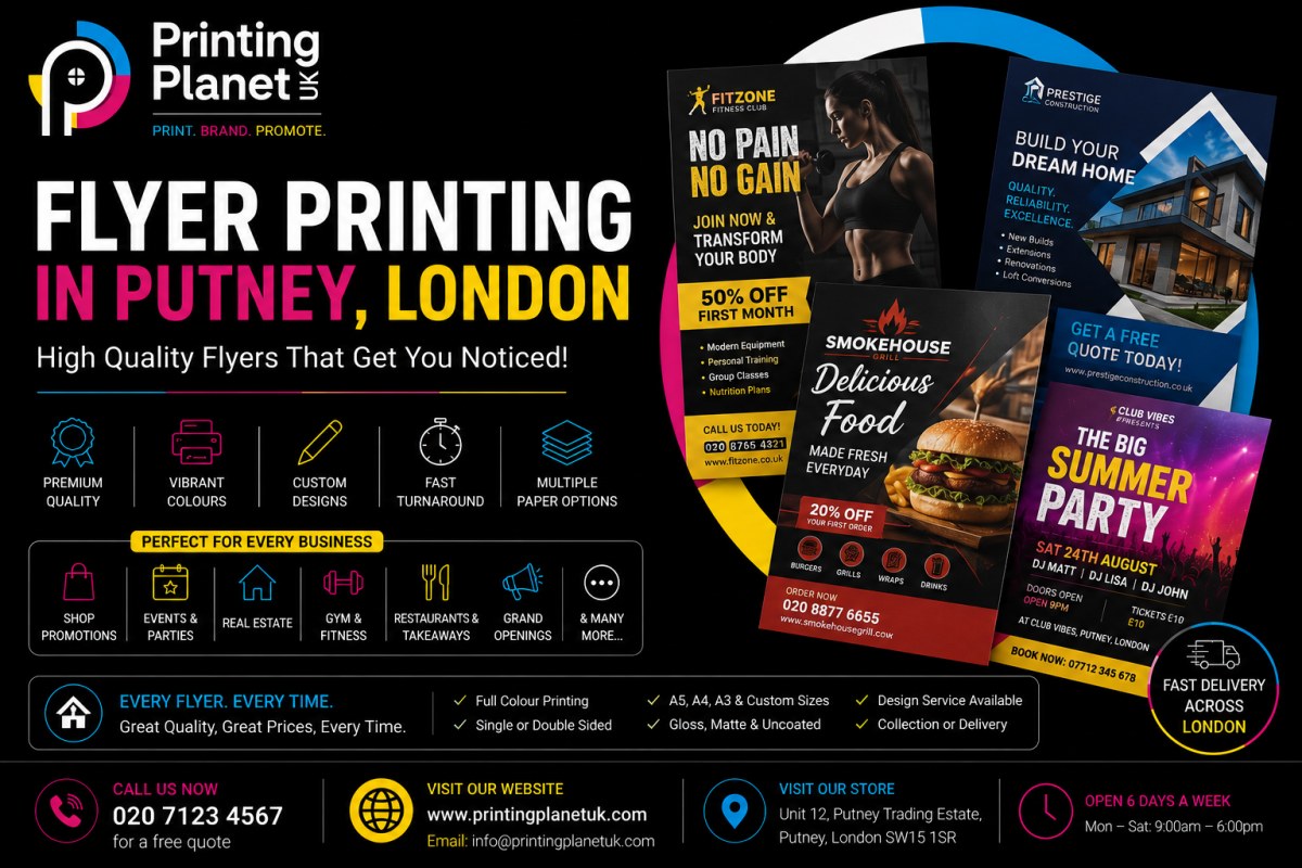 Stack of fanned glossy A5 fitness flyers on desk with coffee cup, print shop background