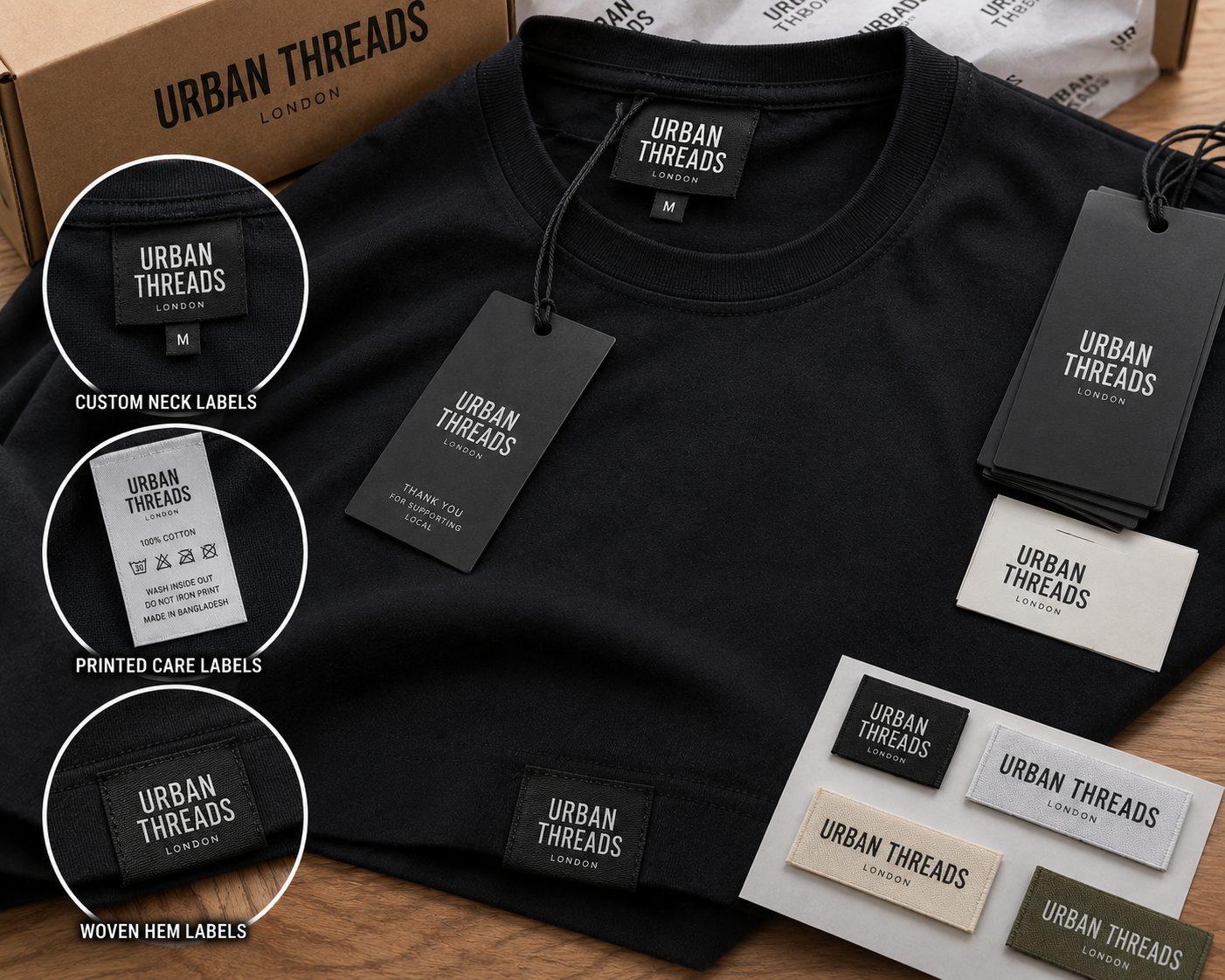 Retail ready garment finishing examples with custom neck labels, printed care labels, woven hem labels and branded swing tags on a black t-shirt