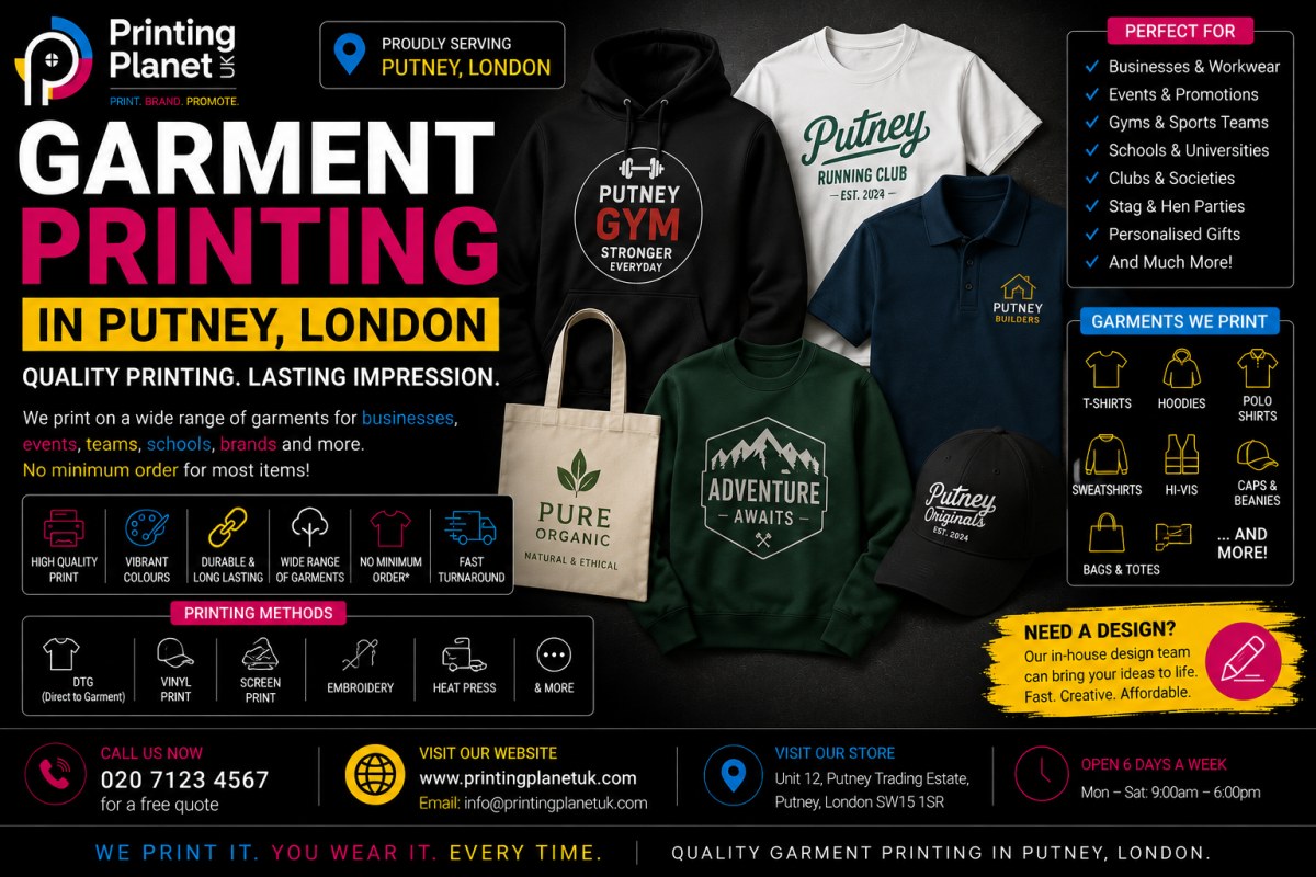 Garment printing in Putney London: T-shirts, hoodies, polo shirts, sweatshirts, hi-vis, caps and bags for businesses, teams, schools and events