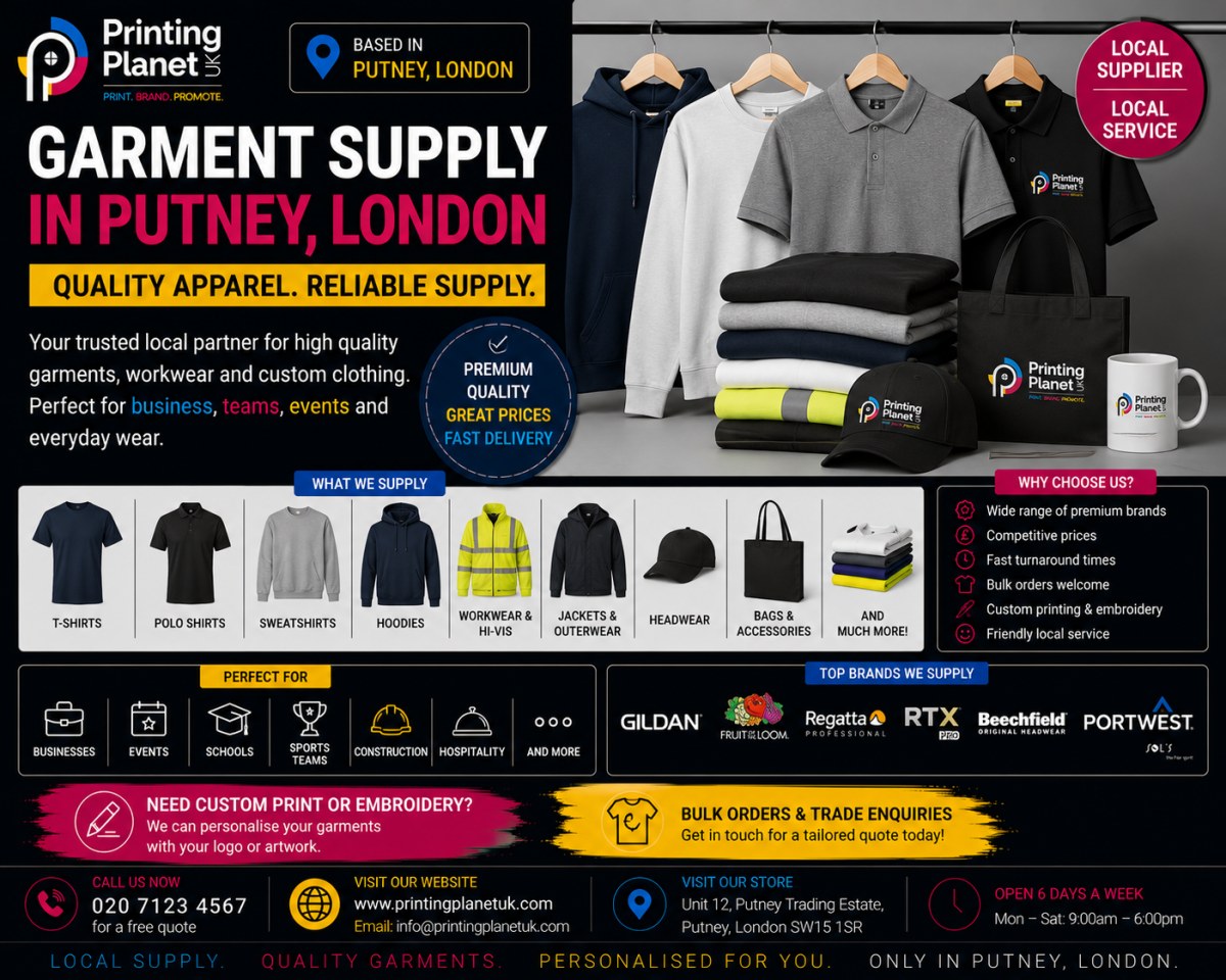Garment supply in Putney London: blank T-shirts, polo shirts, hoodies, sweatshirts, hi-vis, headwear from Gildan, Fruit of the Loom, Regatta and Portwest