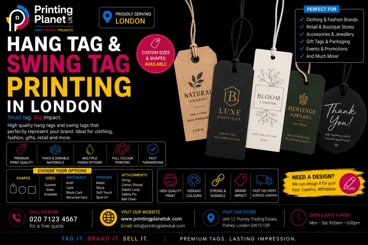 Hang tag and swing tag printing in London: kraft, black card, gloss, matte, soft touch, spot UV, custom shapes and sizes for clothing and retail