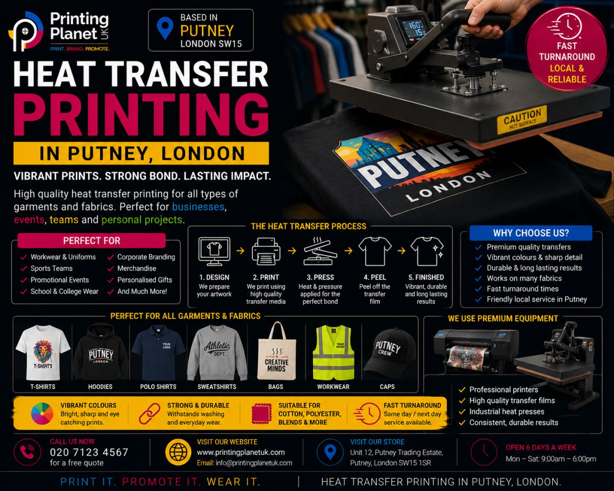 Heat transfer printing in Putney London: vibrant full colour transfers for T-shirts, hoodies, workwear, bags and caps, same day available