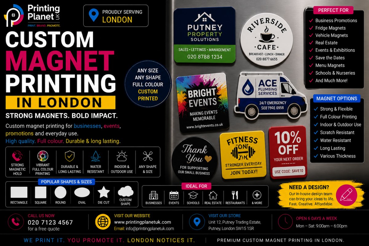 Custom magnet printing in London: fridge magnets, vehicle magnets, die-cut shapes, full colour for businesses, events and promotions