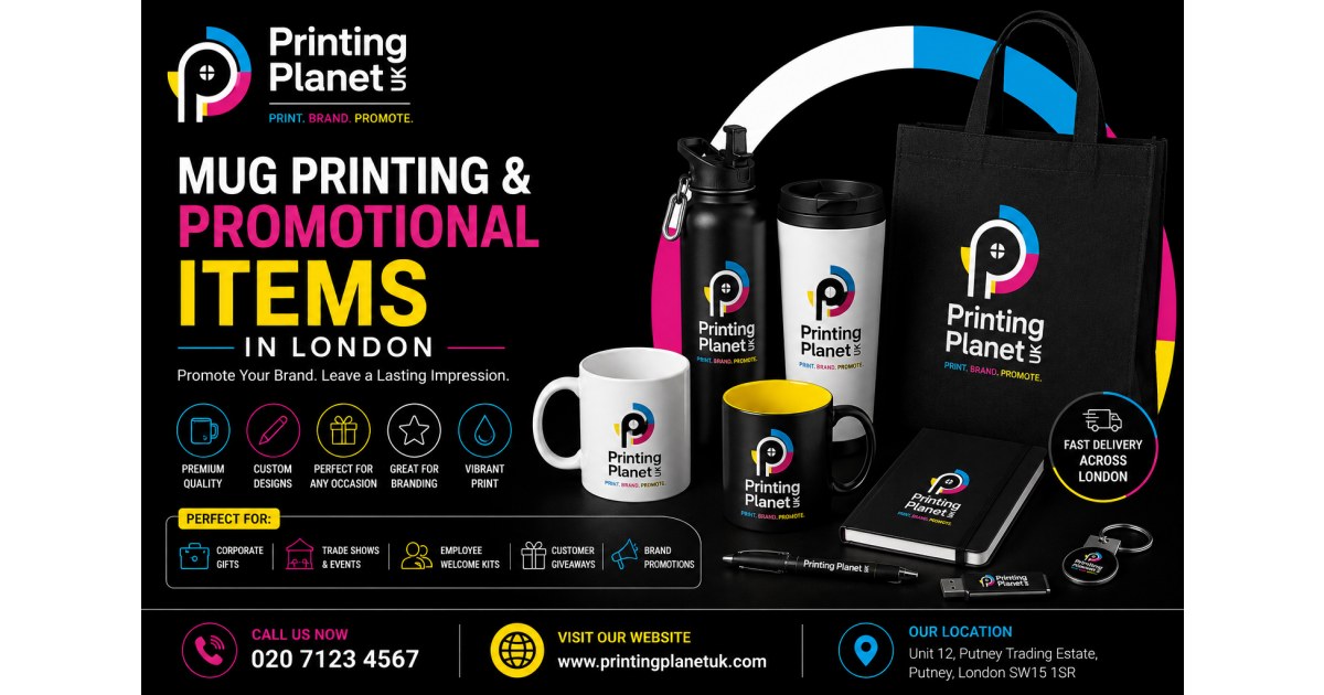 Mug printing and promotional items: branded mugs, water bottles, tote bag, notebooks, pens, keyrings, USB sticks in London