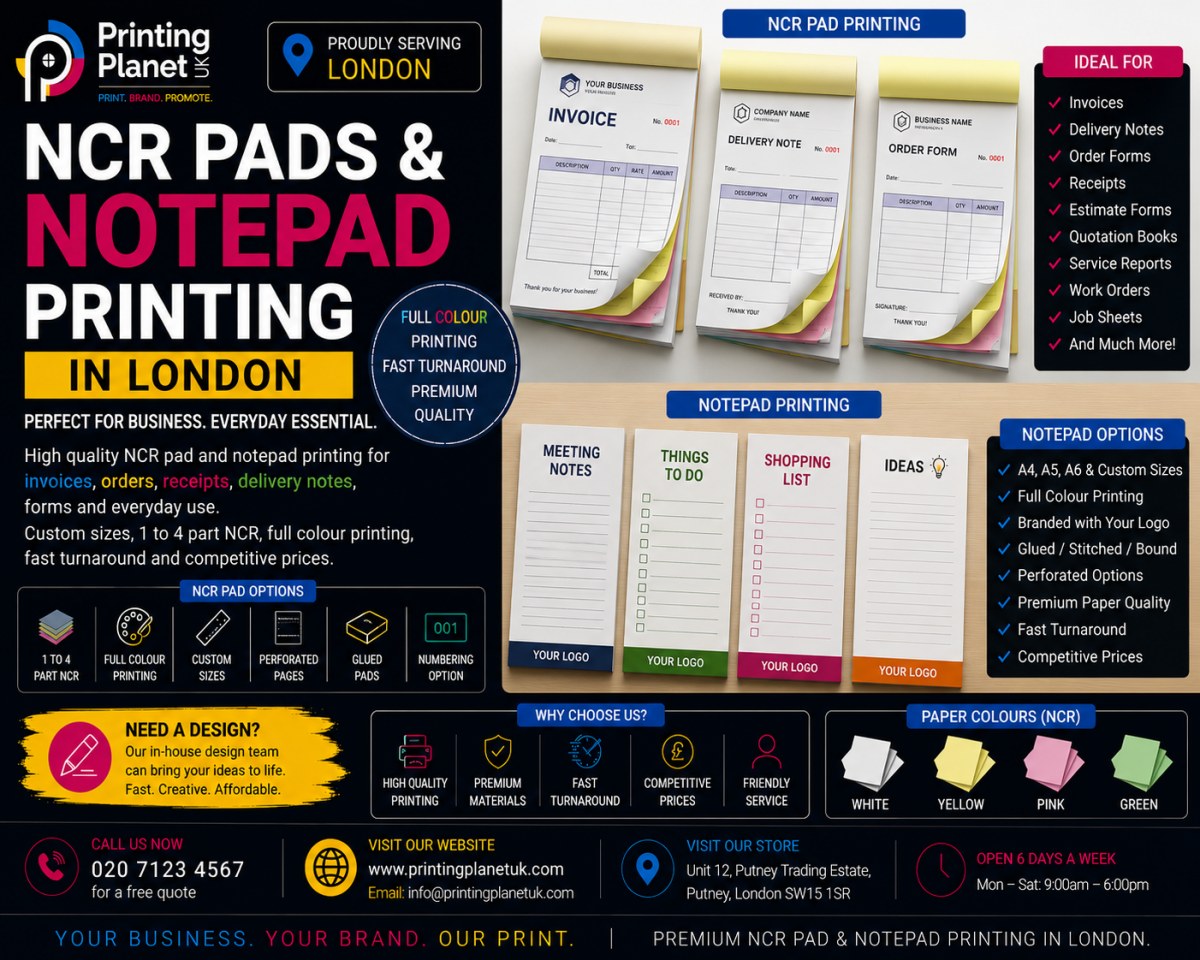 NCR pad and notepad printing in London: duplicate and triplicate invoice pads, delivery notes, order forms, custom notepads with logo