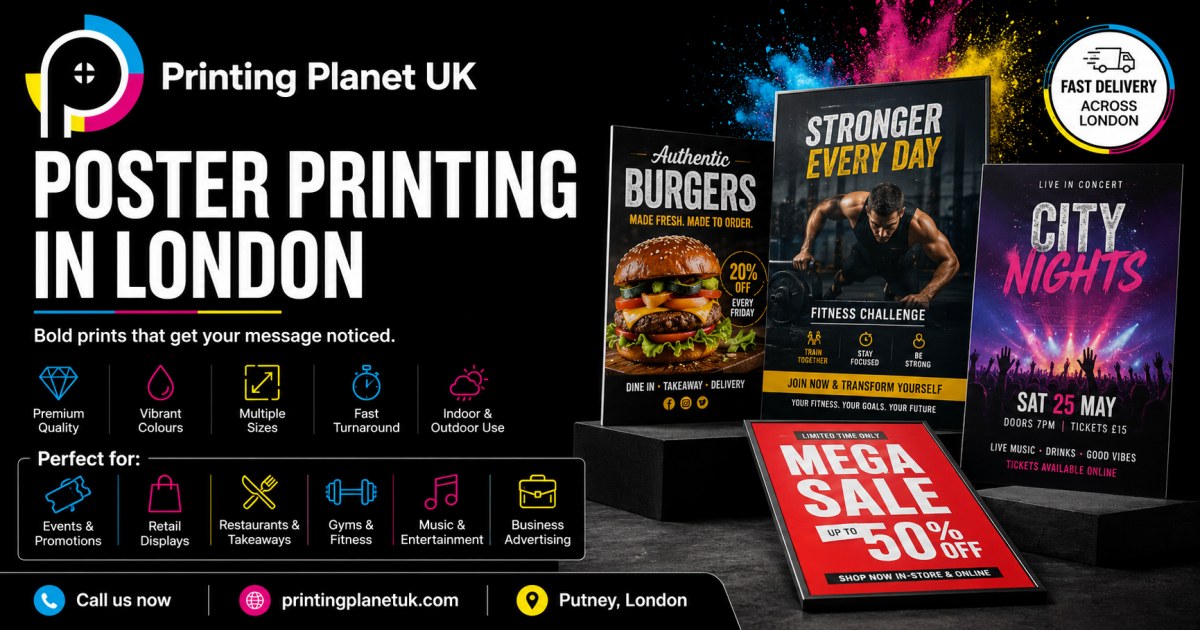 Poster printing in London: restaurant, gym fitness, concert event, retail sale posters in multiple sizes
