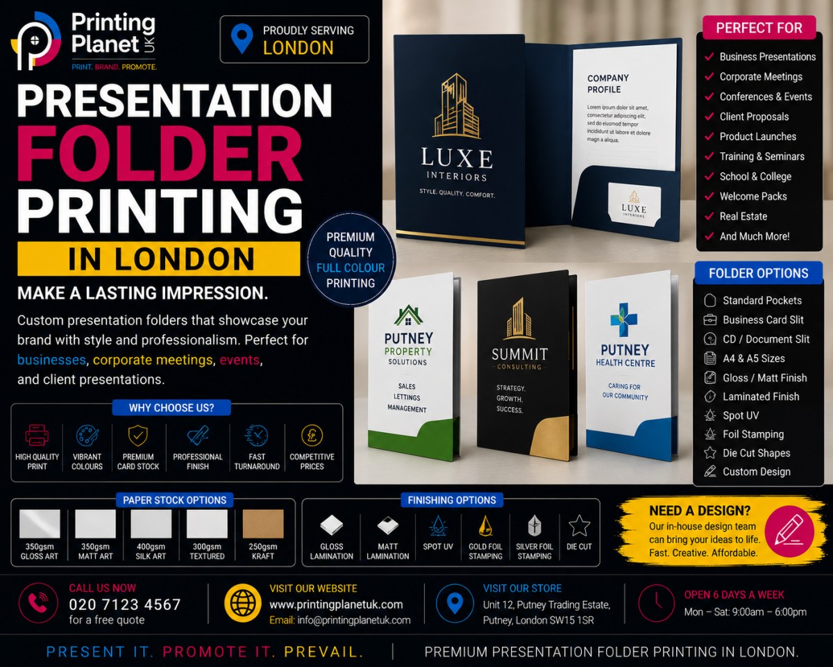 Presentation folder printing in London: custom branded folders with pocket, business card slit, gloss, matt, spot UV and foil stamping finishes