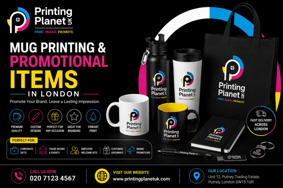 Promotional items and branded merchandise in London: mugs, bottles, bags, notebooks, USB drives, keyrings and corporate gifts for trade shows and events