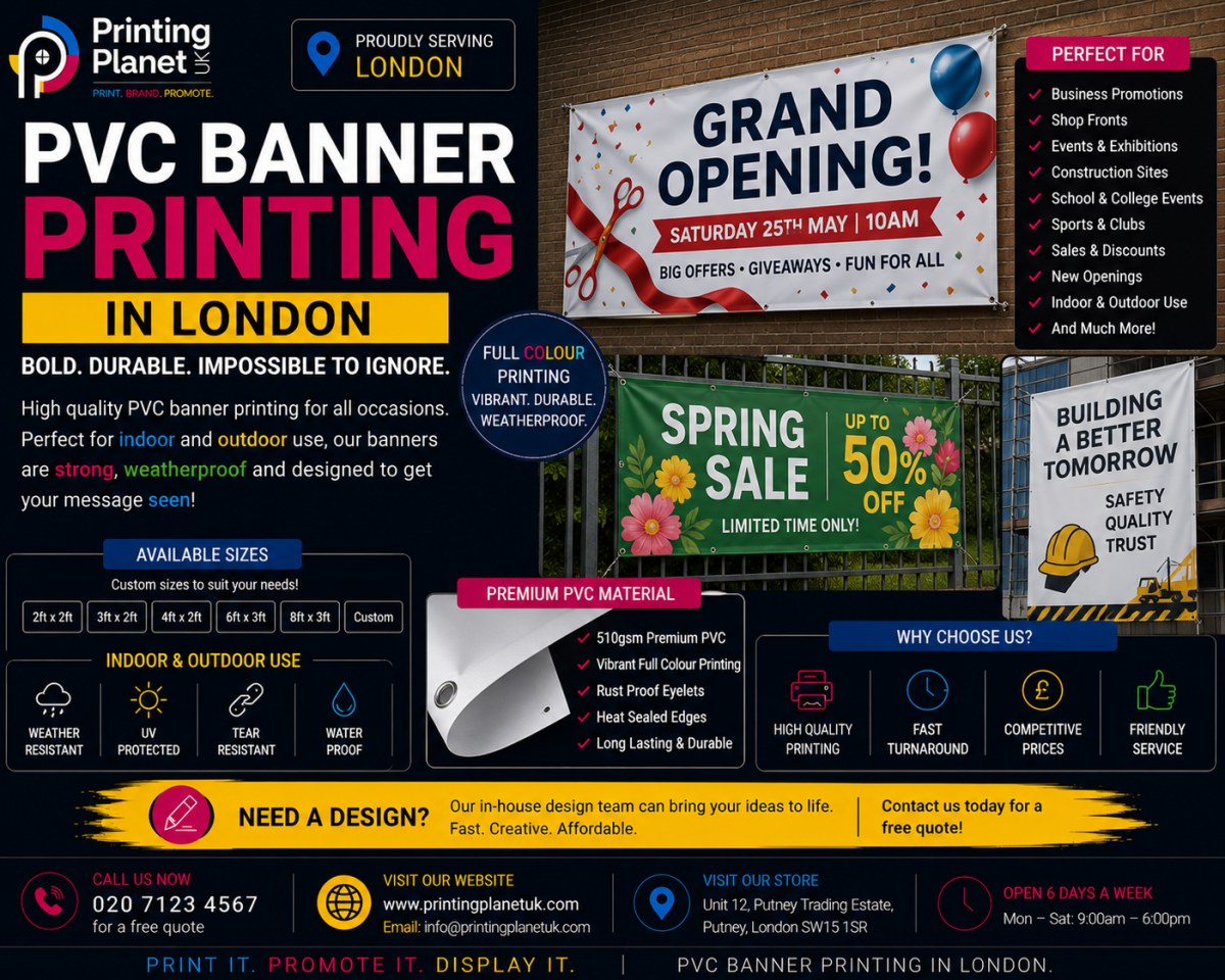 PVC banner printing in London for shop fronts, events and outdoor promotions using weatherproof 510gsm material