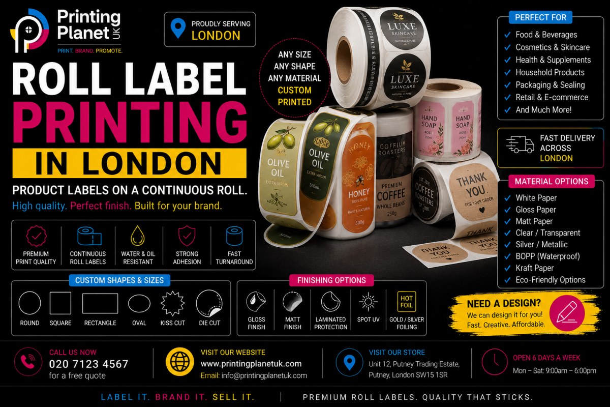 Roll label printing in London: custom product labels on continuous rolls, gloss, matte, clear, BOPP, kraft, die-cut and kiss-cut options