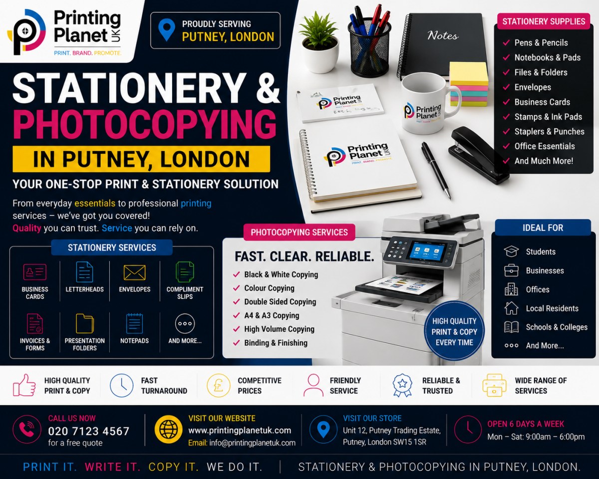Stationery and photocopying in Putney London: business cards, letterheads, envelopes, notepads, black and white and colour copying services