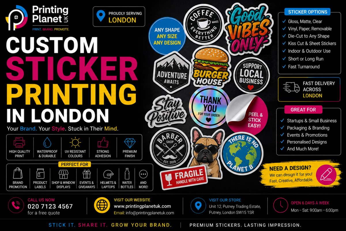 Custom sticker printing in London showing die-cut and kiss-cut vinyl and paper stickers in various shapes