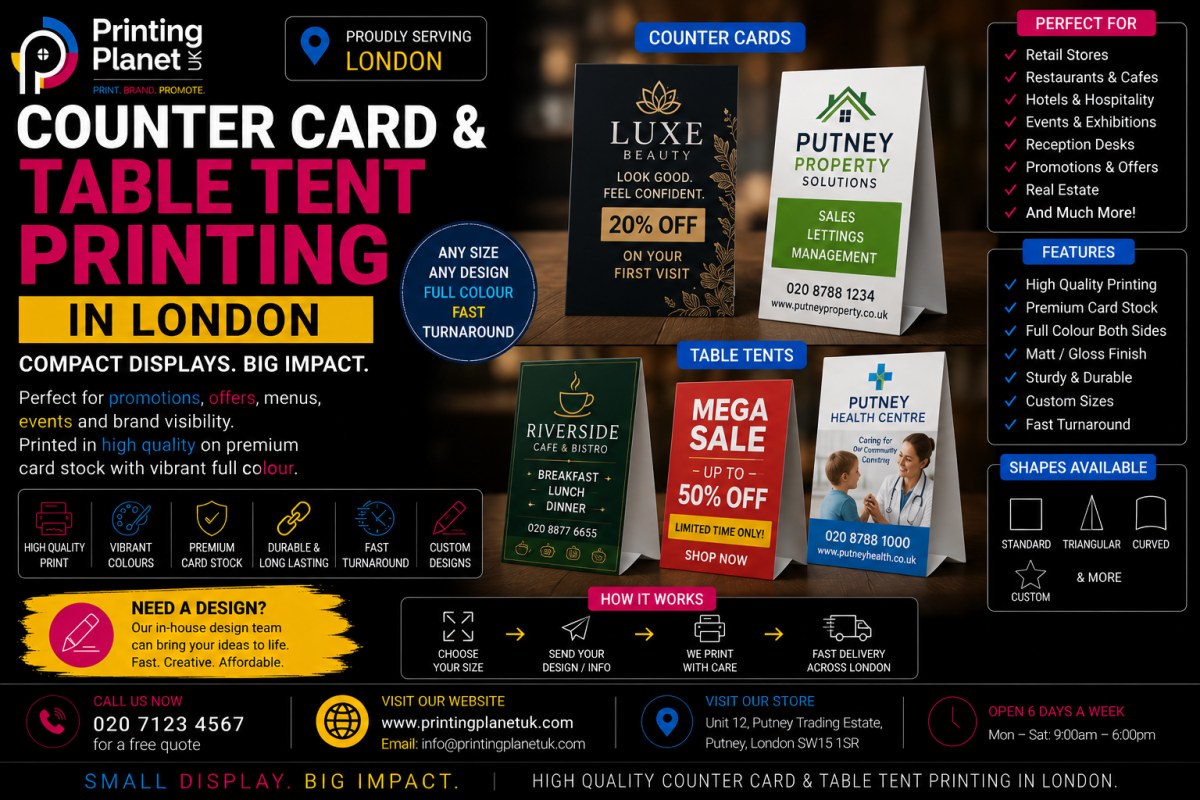 Counter card and table tent printing in London: A-frame table tents, counter cards, standard, triangular and curved shapes for restaurants, hotels and retail