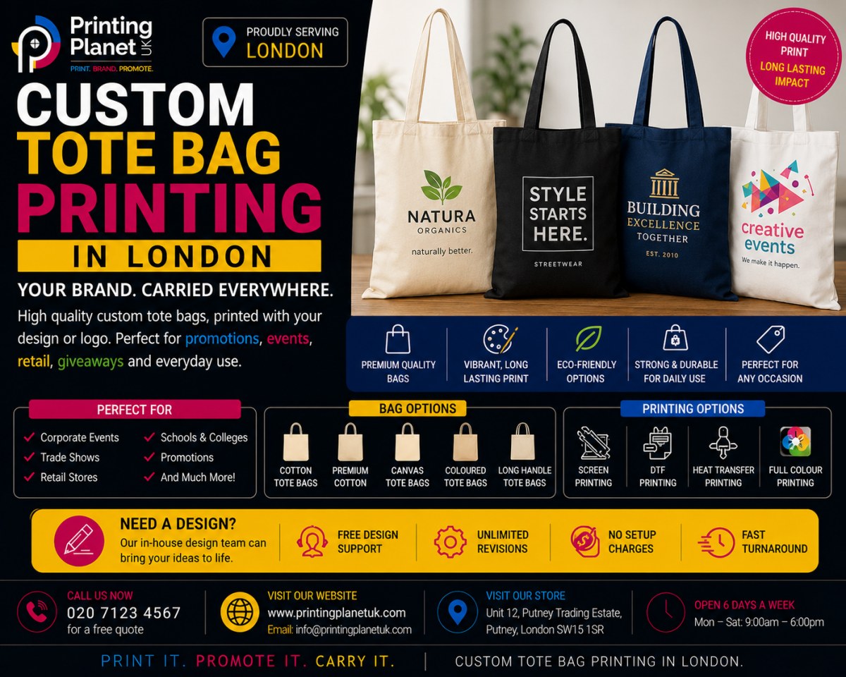 Custom tote bag printing in London: cotton, canvas, premium and coloured tote bags with screen printing, DTF and heat transfer for events and promotions