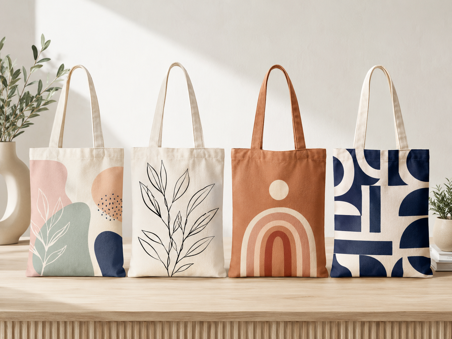 Modern abstract design canvas tote bags in earth tones and navy