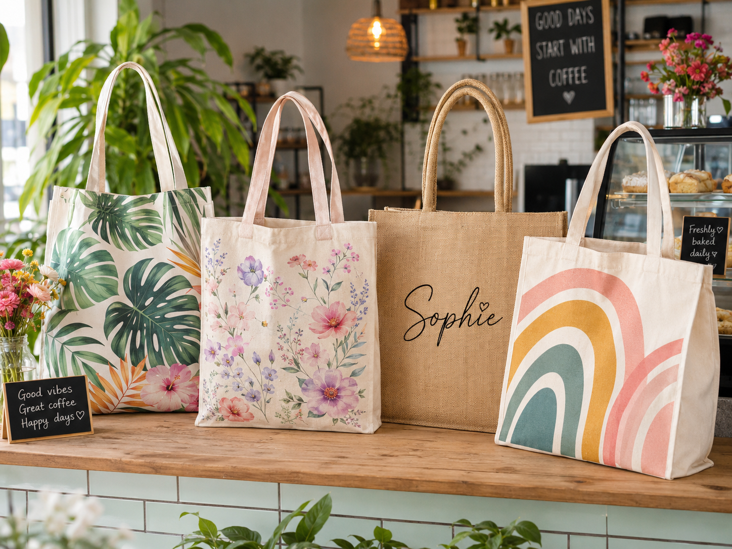 Branded custom printed tote bags for cafe and coffee shop merchandise