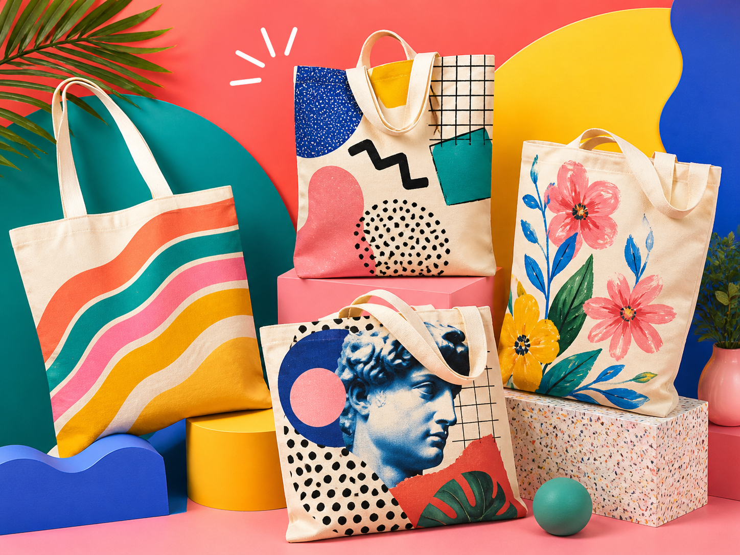 Colourful vibrant printed tote bags with rainbow stripes and floral artwork