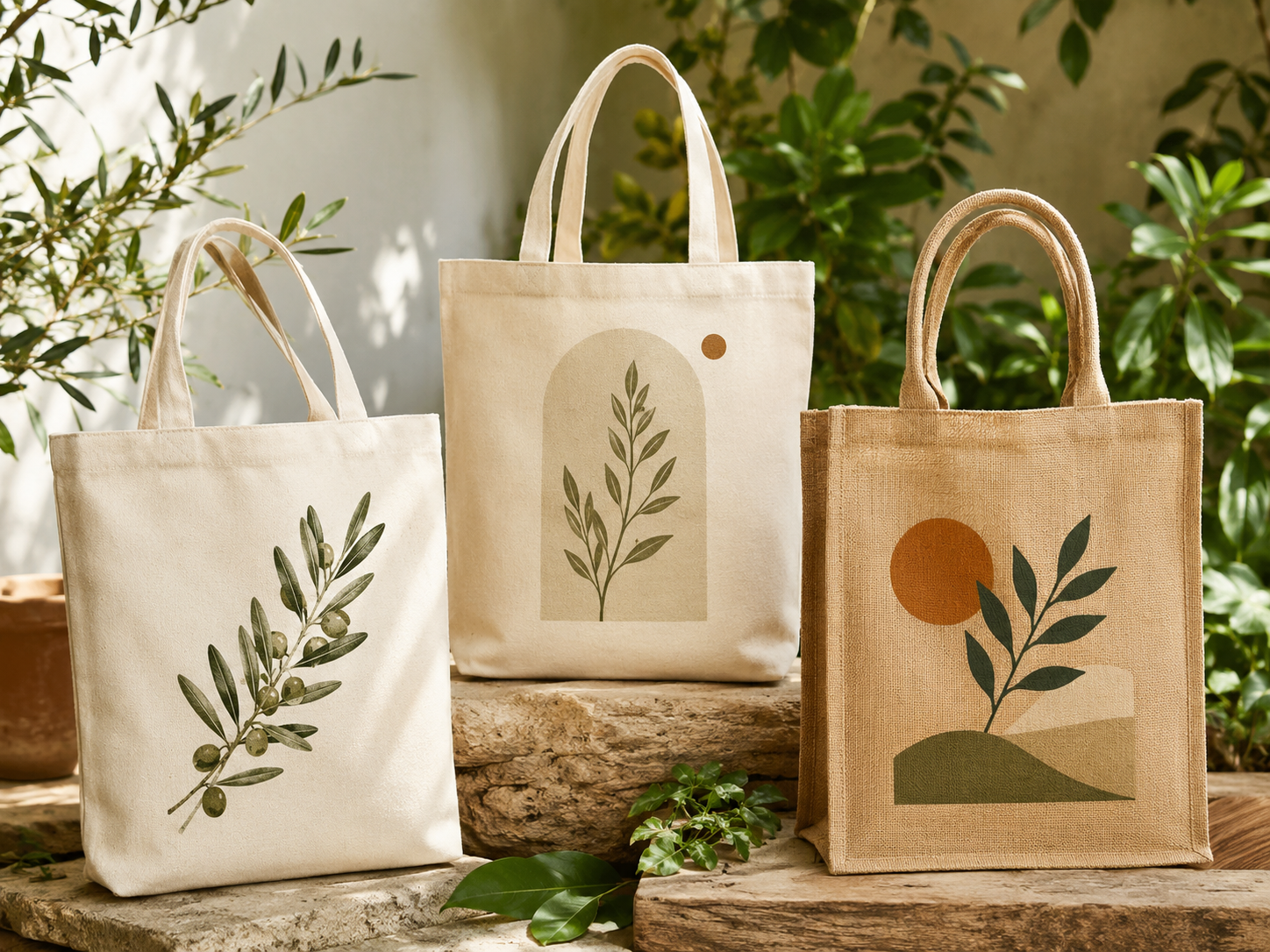 Eco-friendly jute and cotton tote bags with botanical leaf prints