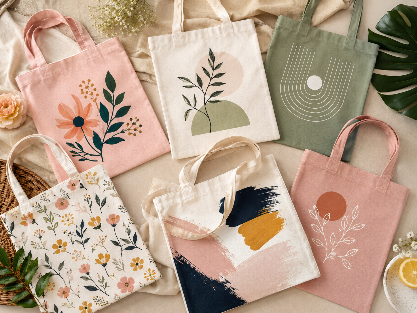 Collection of floral printed cotton tote bags in pink, cream and sage colours