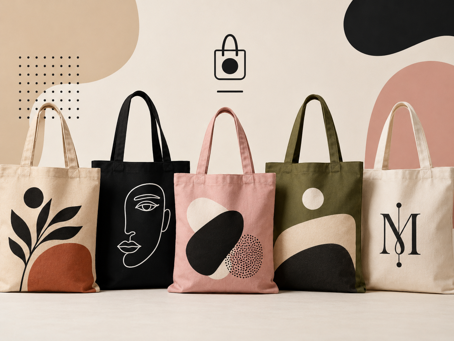 Modern art design tote bags with botanical and figure illustrations