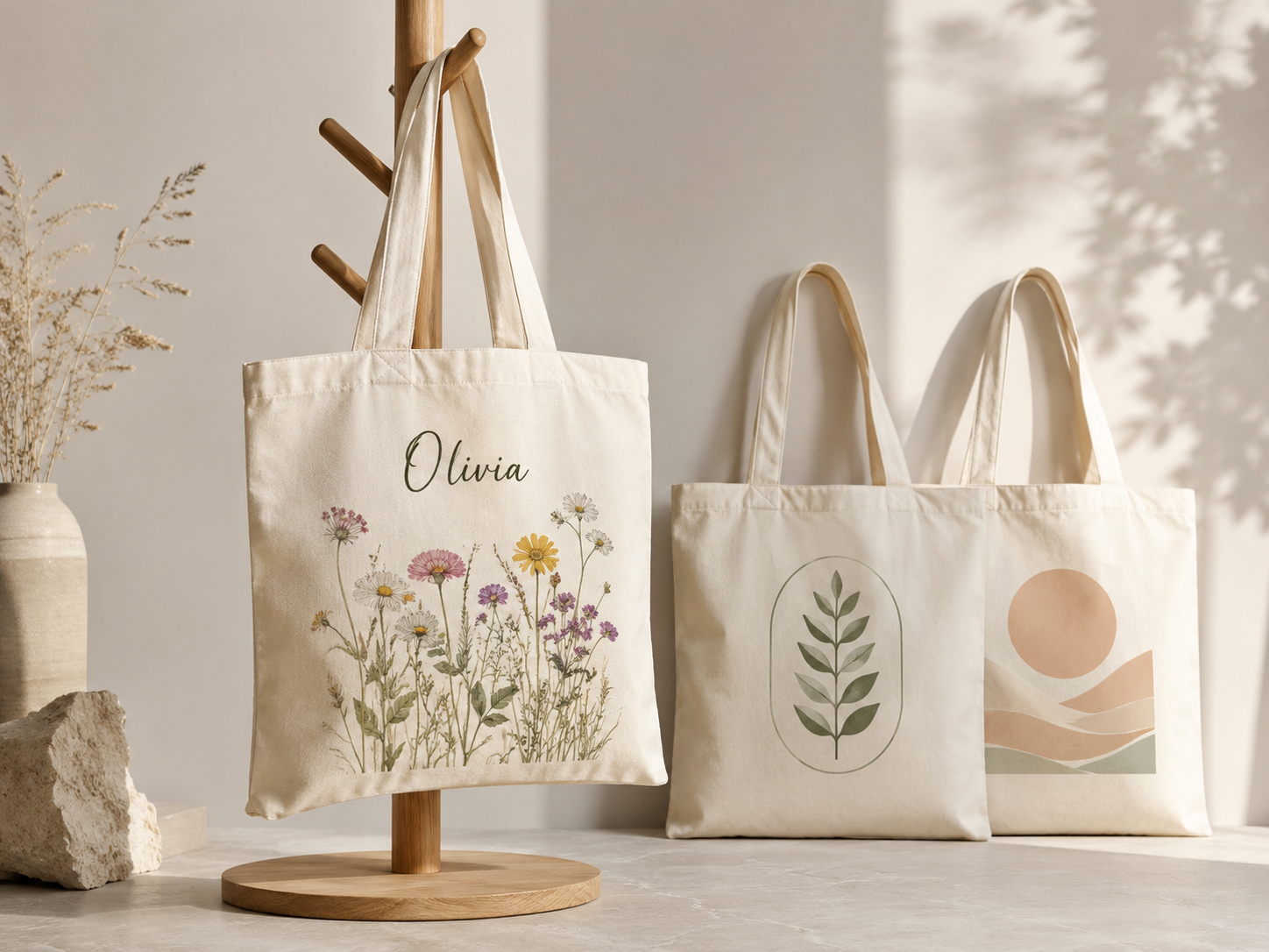 Personalised name tote bags with wildflower print, hung in studio