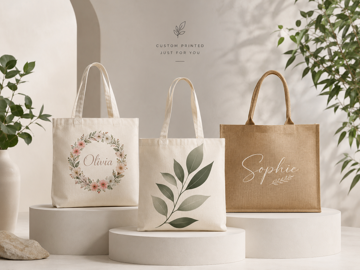 Personalised custom printed cotton and jute tote bags with floral names in London