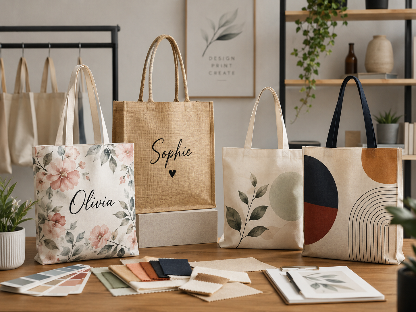 Tote bag design studio scene with personalised Olivia and Sophie totes in Putney London