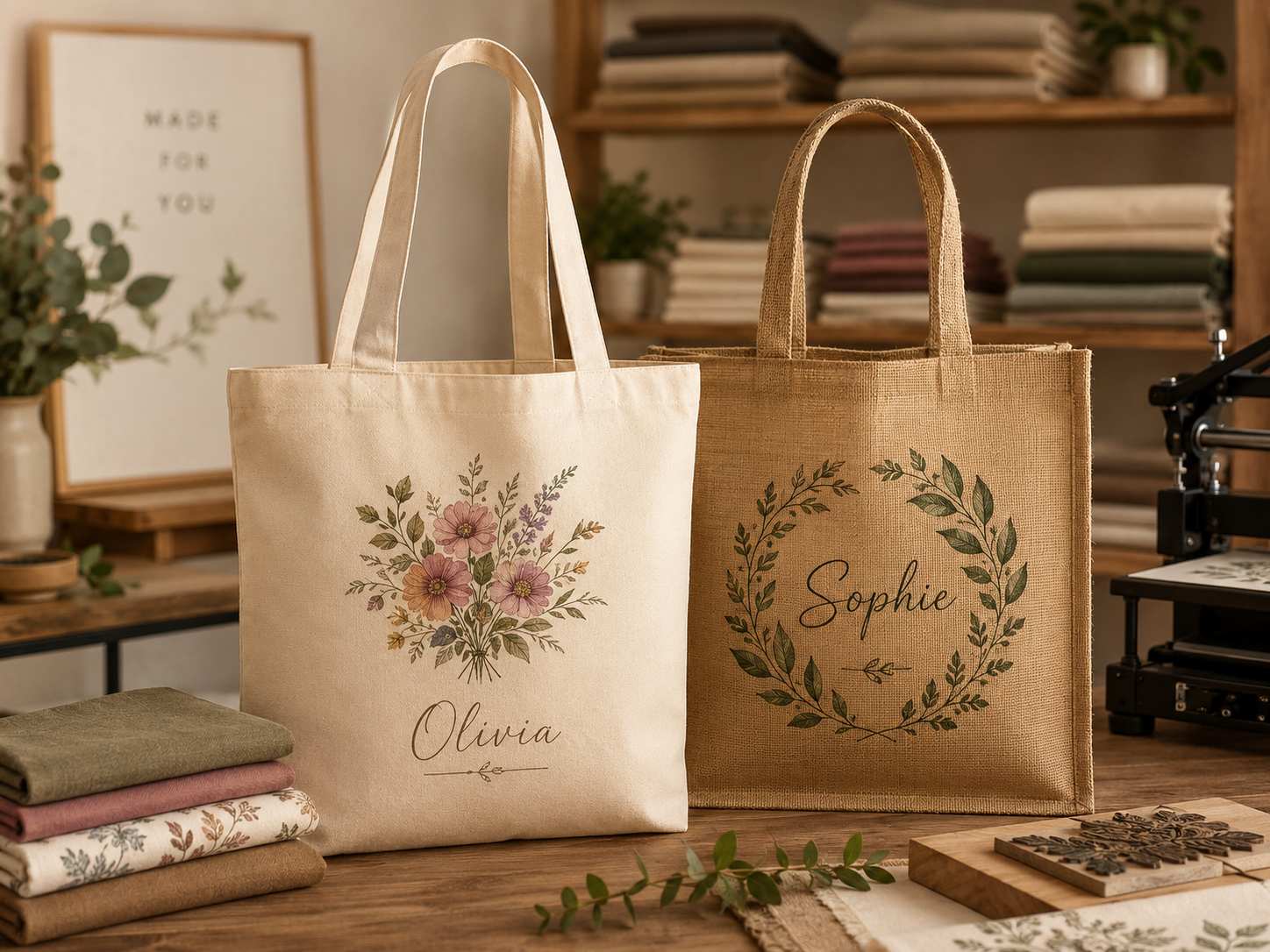 Custom printed cotton and jute tote bags with personalised names made in our Putney London workshop