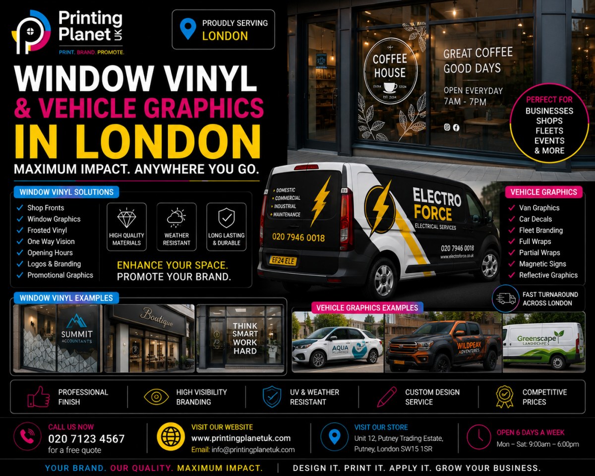 Window vinyl and vehicle graphics in London covering shop fronts, van wraps and fleet branding
